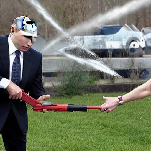 Prompt: photo of putin firing a water gun at biden face