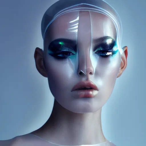 Image similar to high fashion photography of a model in neo futurism white sci - fi makup, transparent cloth, beautifully lit by white neon