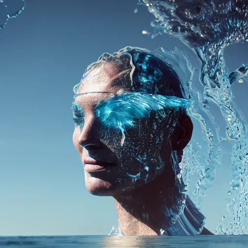 Prompt: water art manipulation in the shape of a human head in a bottle shape, on the ocean water, futuristic, glowing, hyper realistic, ray tracing, realistic water splashes, sharp focus, long shot, 8 k resolution, cinematic, photoshop art