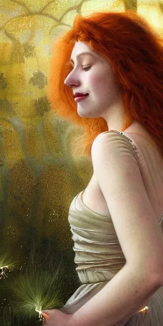 Image similar to young woman, full covering intricate detailed dress, serene smile, surrounded by golden firefly lights amidst nature, long red hair, precise linework, accurate green eyes, small nose with freckles, beautiful smooth oval shape face, empathic, expressive emotions, dramatic lights spiritual scene, hyper realistic ultrafine art by artemisia gentileschi, jessica rossier, boris vallejo