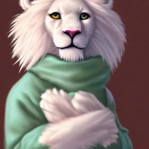 Prompt: aesthetic portrait commission of a albino male furry anthro lion wearing a cute mint colored cozy soft pastel winter outfit, winter atmosphere. character design by chunie