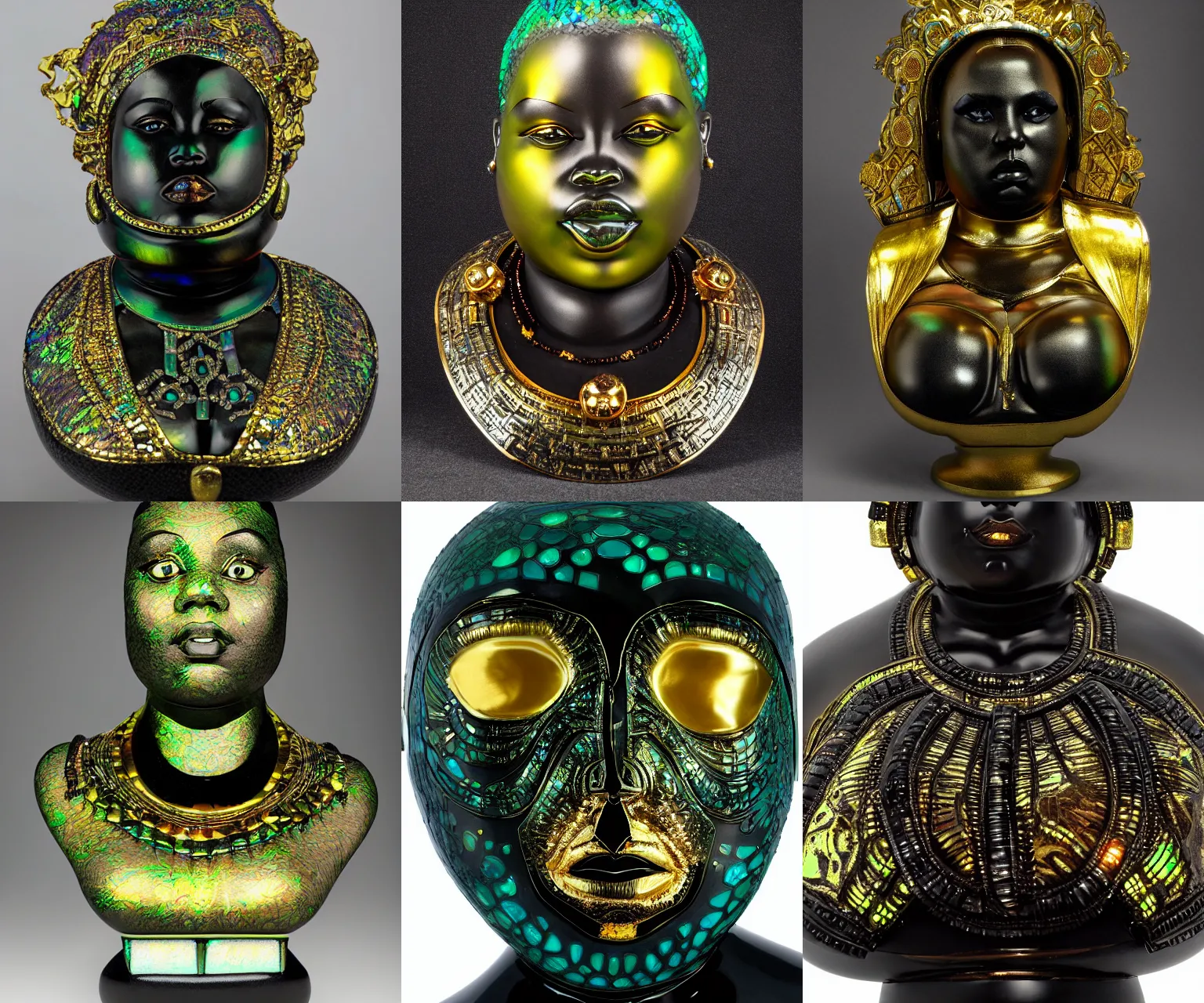 Prompt: intricate slightly iridescent and tanslucent realistic bust of futuristic obese angry beautiful cyborg black girl empress, glass and gold and jade, caustics, soft light