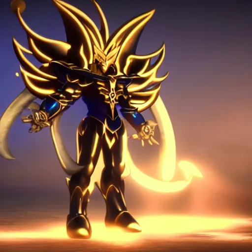 Image similar to full shot of angry darkness Saint Seiya knight at moonlight, wearing golden Cat armor, inspired by Masami Kurumada, detailed, unreal engine 4k volumetric light, fog,