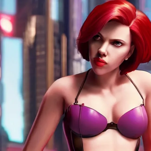 Image similar to Scarlett Johansson is Faye Valentine, cinematic shot, cyberpunk