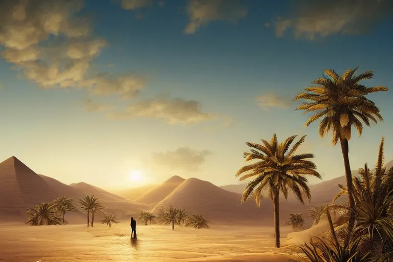 Prompt: beautiful digital painting of an oasis with palm trees, in a large desert landscape, with ancient golden pyramids with carved runes, some clouds on the horizon, by lee madgwick and wlop, 8 k, intricate, cinematic lights, atmospheric effects in the background, octane render, artstation, summer color scheme