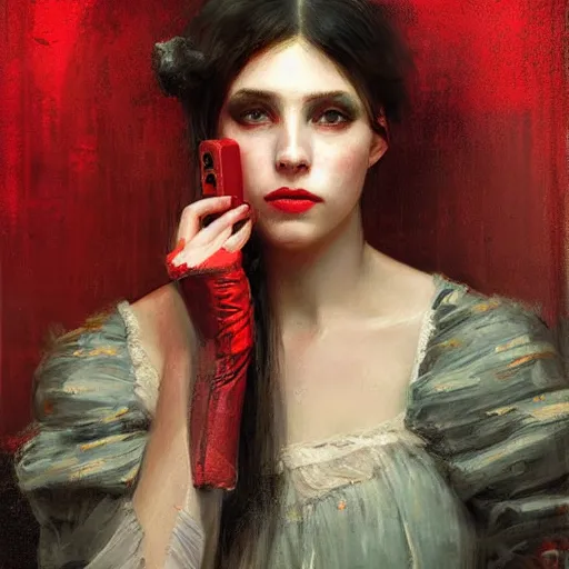 Image similar to Solomon Joseph Solomon and Richard Schmid and Jeremy Lipking victorian genre painting portrait painting of a young beautiful woman android cyberpunk future hacker punk rock in fantasy costume, red background