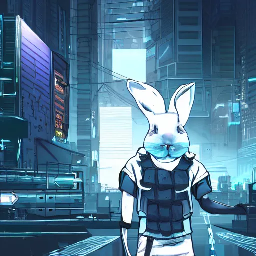 Prompt: a cyberpunk game where the main character is a white and grey rabbit