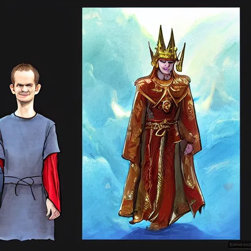 Prompt: Vitalik Buterin dressed as a god, king, in the style of Marc Simonetti