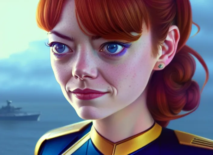 Image similar to a disney film still of emma stone as a star trek officer, finely detailed features, closeup of the face, perfect art, dusk, blue hour, gapmoe yandere grimdark, trending on pixiv fanbox, painted by greg rutkowski, makoto shinkai, takashi takeuchi, alphonse mucha, akihiko yoshida