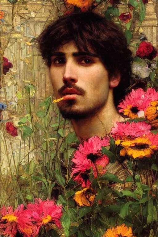 Prompt: close up of a attractive male surrounded by colourful flowers orientalist intricate portrait by john william waterhouse and edwin longsden long and theodore ralli and nasreddine dinet, hyper realism, dramatic lighting