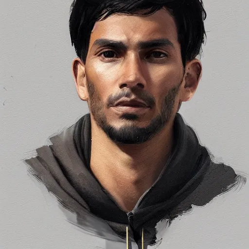 Image similar to portrait of a handsome peruvian man by greg rutkowski, he is about 3 0 years old, short black hair with bangs, very tall and slender, he is wearing a beige and black utility jumpsuit, highly detailed portrait, digital painting, artstation, concept art, smooth, sharp focus ilustration, artstation hq