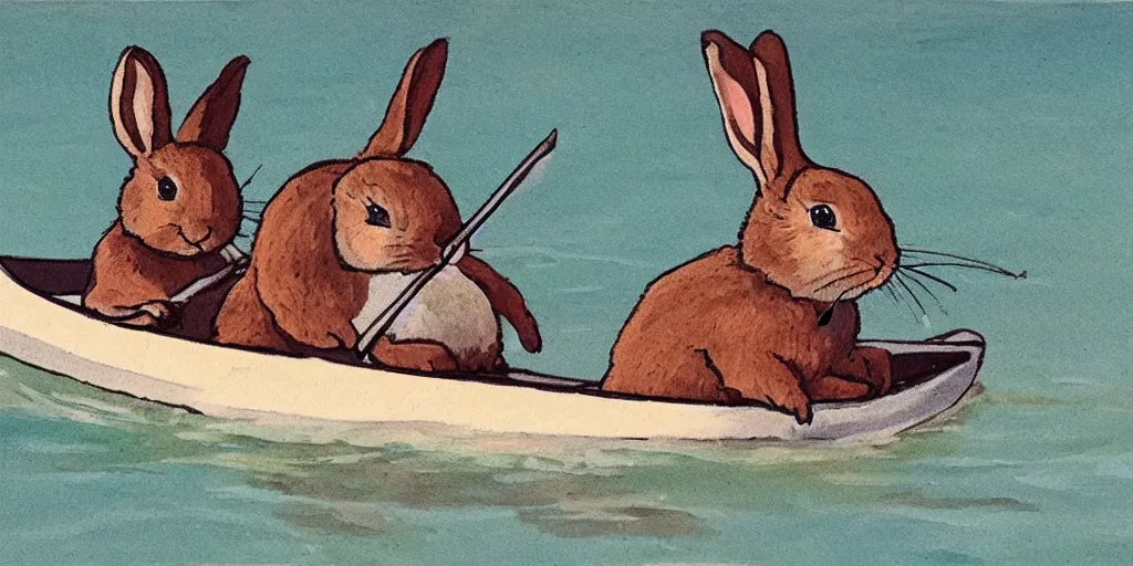 Image similar to a rabbit paddling a kayak, in the style of Zorn