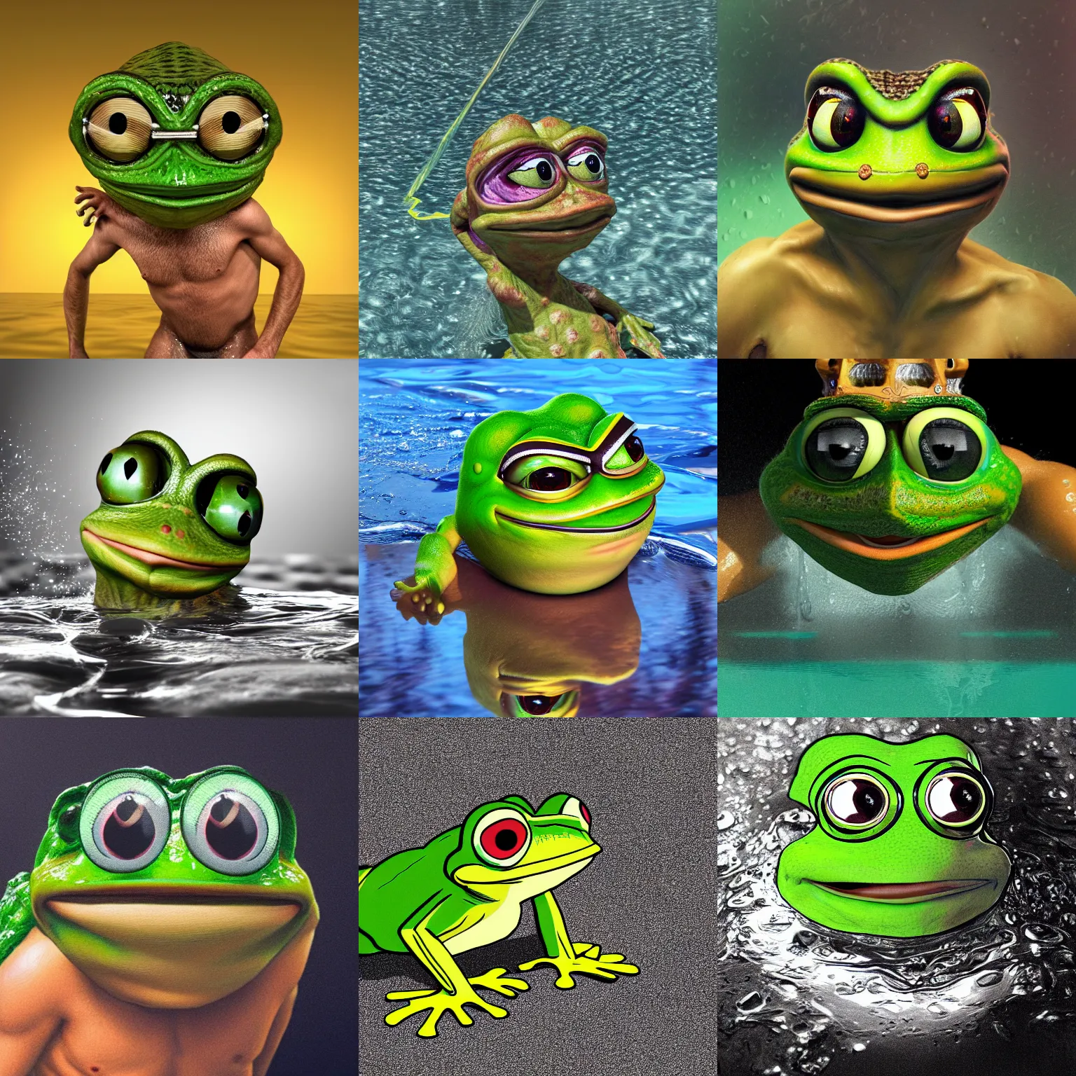 Prompt: a full head photoshot, detailed photograph of gigachad pepe the frog as a warrior in a shallow pool of water, photorealism ultradetailed digital art, golden ratio, art canvas, award winning, masterpiece trending on artstation 8 k