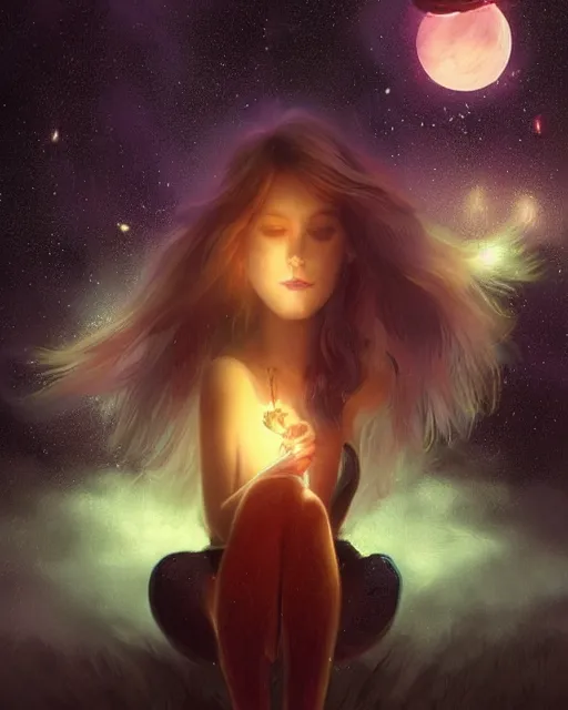 Image similar to a detailed digital art of an attractive!!!! girl with psychedelic! fairy wings sitting under the night sky and holding!! a crystal!! containing all of reality and galaxies, by greg rutkowski artgerm ilya kuvshinov. dramatic lighting, cinematic angle, heavy contrast