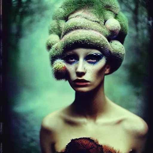 Image similar to kodak portra 4 0 0, wetplate, photo of a surreal artsy dream scene,, weird fashion, in the nature, highly detailed face, very beautiful model, portrait, expressive eyes, close up, extravagant dress, carneval, animal, wtf, photographed by paolo roversi style and julia hetta