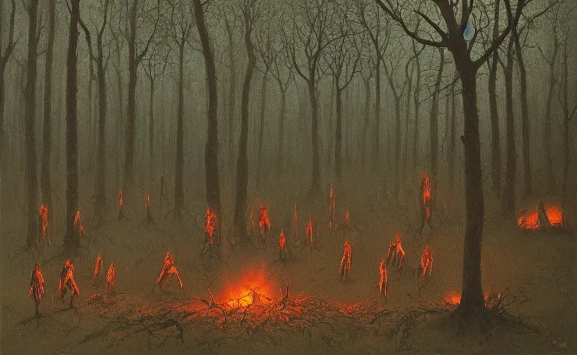 Image similar to demons surround a campsite in the forest by Beksinski, 4k, masterpiece