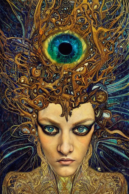 Image similar to Metamorphosis by Karol Bak, Jean Deville, Gustav Klimt, and Vincent Van Gogh, transformation portrait, chimera, visionary, cicada wings, otherworldly, fractal structures, ornate gilded medieval icon, third eye, dynamic, hybrid, fusion, change, spirals, horizontal symmetry