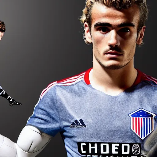 Image similar to a realistic detailed photo of a guy who is an attractive humanoid who is half robot and half humanoid, who is a male android, soccer player antoine griezmann, shiny skin, posing like a statue, blank stare, in a living room, on display, showing off his muscles