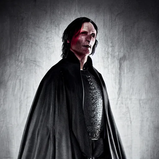 Image similar to mads mikkelsen as a vampire, male, late - 4 0 s aged, shoulder length, slicked black hair, red eyes, clean shaven, wearing a cape, regal, royal, grim facial expression, high medieval fantasy, full color digital art, cinematic shot, full body shot.