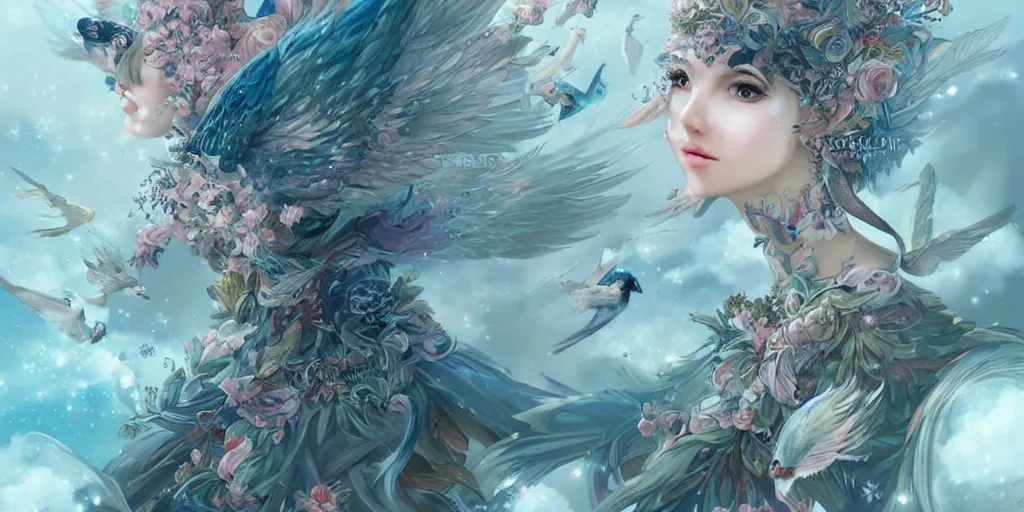 Image similar to A flock of birds transforming into a beautiful princess by ross tran, hyper-detailed, intricate, wide angle, beautiful, fantasy, concept art