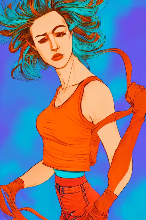 Image similar to a award winning half body portrait of a beautiful caucasian woman in a croptop and cargo pants with ombre orange blue teal hairstyle with head in motion and hair flying by will eisner, outrun, vaporware, digital art, trending on artstation, highly detailed, fine detail, intricate