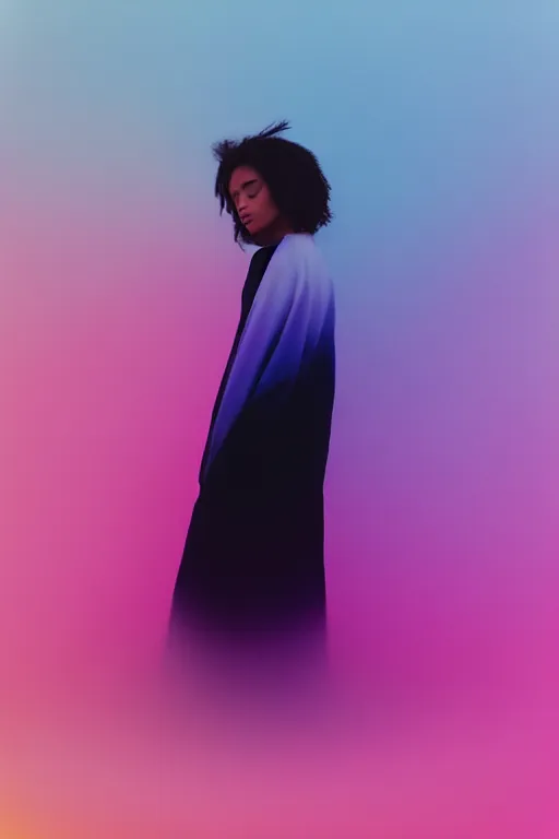 Image similar to high quality pastel coloured film photograph of a model wearing black clothing resting on cloud furniture clouds in a haze filled dreamstate world. three point light, rainbow. photographic production. art directed. pastel colours. volumetric clouds. pastel gradient overlay. waves glitch artefacts. 8 k. filmic.