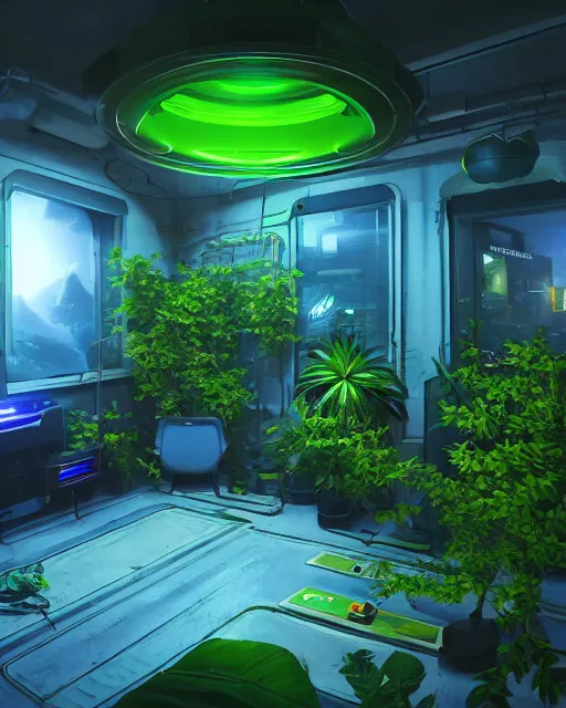 Image similar to Solarpunk gaming PC, futuristic utopia, scifi, green plants, blue light, small room, fine details, atmosphere, glow, extreme realistic, trending on artstation