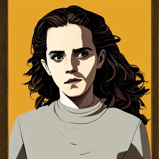 Image similar to Portrait of Emma Watson as Hermione Granger. Patryk Hardziej. Tomer Hanuka. Highly detailed. 4K.