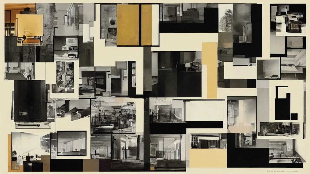 Image similar to “a photocollage made by Mies van der Rohe, design process, detailed color scan”