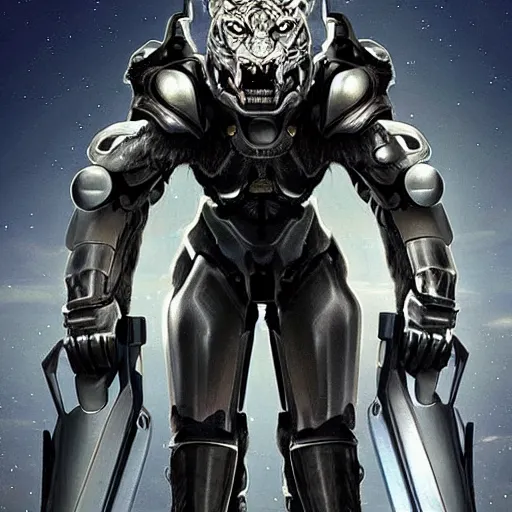 Prompt: a humanoid with cat-like features, yellow eyes, teeth that protrude past the lower lip (sort of like a saber-tooth tiger) and fine grayish fur on their faces and backs of their hands wearing futuristic alien armor and carrying weapons, octane,