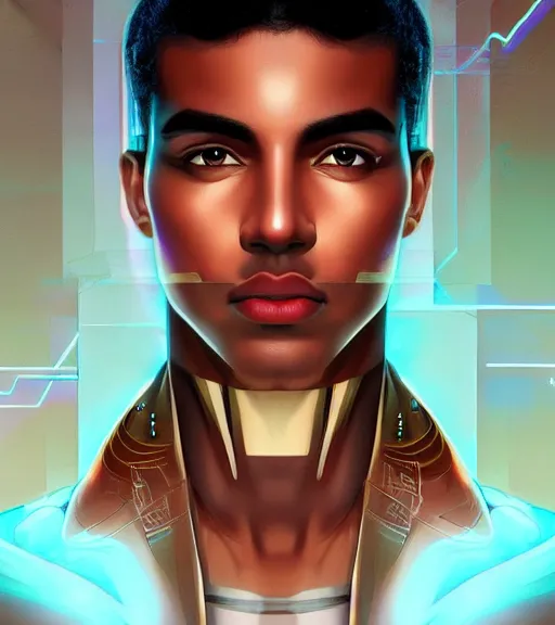 Image similar to symmetry!! egyptian prince of technology, solid cube of light, hard edges, product render retro - futuristic poster scifi, lasers and neon circuits, brown skin man egyptian prince, intricate, elegant, highly detailed, digital painting, artstation, concept art, smooth, sharp focus, illustration, dreamlike, art by artgerm