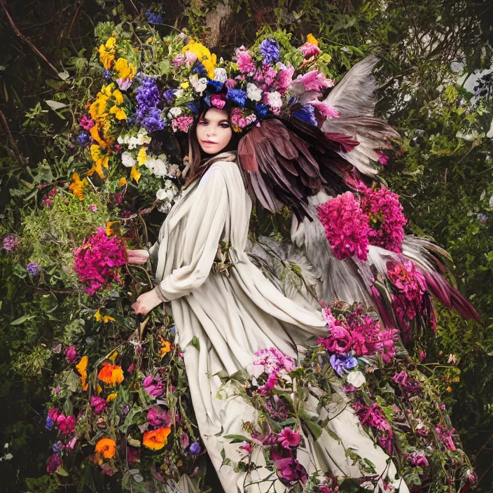 Prompt: a harpy wearing a cloak made of flowers, by Omar Z. Robles, CANON Eos C300, ƒ1.8, 35mm, 8K, medium-format print