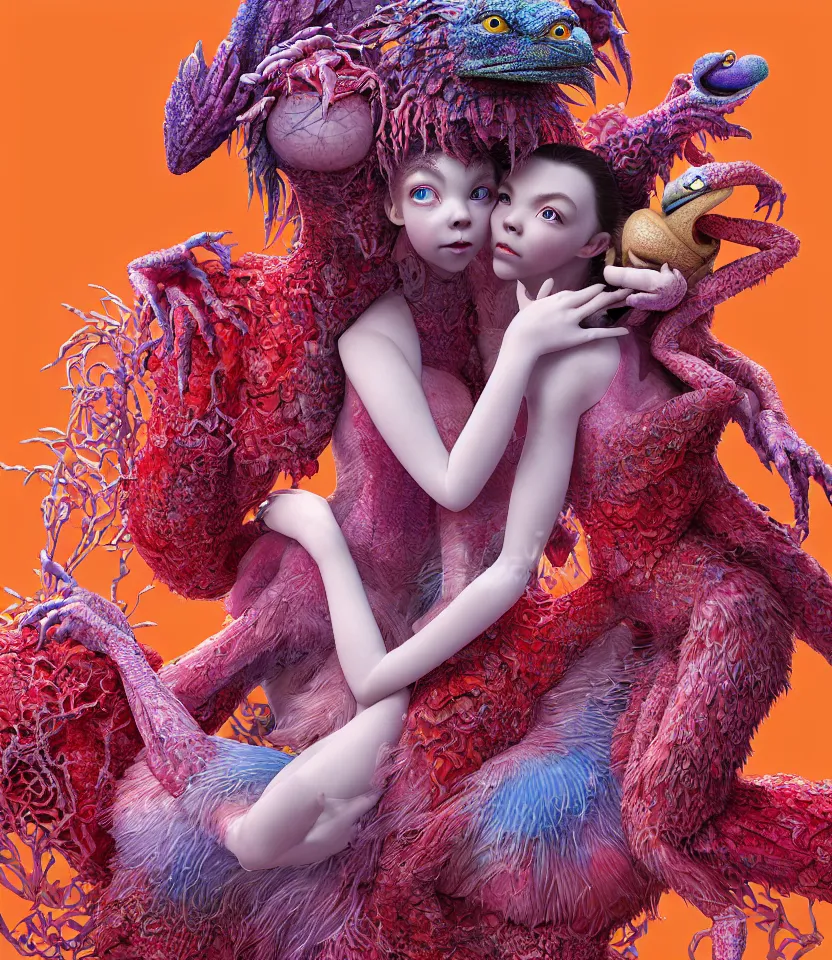 Image similar to hyper detailed 3d render like a Oil painting - kawaii portrait of lovers hugging Aurora (a beautiful girl skeksis muppet fae princess protective playful expressive acrobatic from dark crystal that looks like Anya Taylor-Joy) seen red carpet photoshoot in UVIVF posing in scaly dress to Eat of the Strangling network of yellowcake aerochrome and milky Fruit and His delicate Hands hold of gossamer polyp blossoms bring iridescent fungal flowers whose spores black the foolish stars by Jacek Yerka, Ilya Kuvshinov, Mariusz Lewandowski, Houdini algorithmic generative render, golen ratio, Abstract brush strokes, Masterpiece, Edward Hopper and James Gilleard, Zdzislaw Beksinski, Mark Ryden, Wolfgang Lettl, hints of Yayoi Kasuma and Dr. Seuss, Grant Wood, octane render, 8k