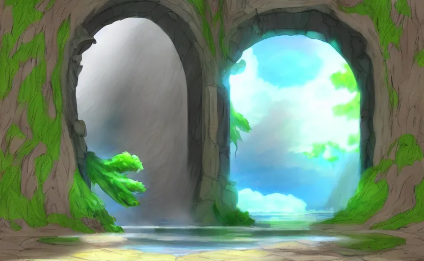 Prompt: a cell - shaded studio ghibli concept art study of a square dimensional portal doorway. water is flowing out of the portal. very dull colors, hd, 4 k, hq