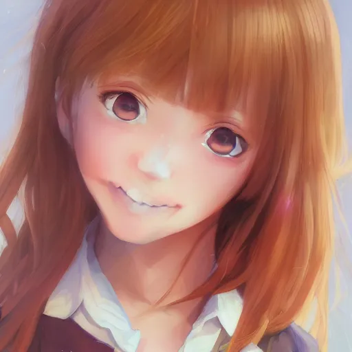 Image similar to An anime portrait of a beautiful happy child girl with straight strawberry-blonde hair, brown eyes, wearing a shirt, closed-mouth smile, by Stanley Artgerm Lau, WLOP, Rossdraws, James Jean, Andrei Riabovitchev, Marc Simonetti, and Sakimi chan, trending on artstation