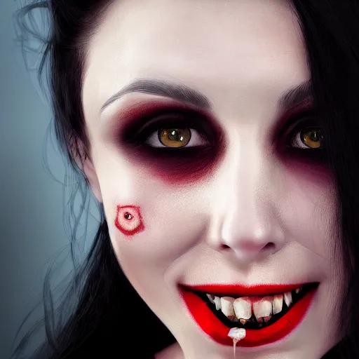 Image similar to a realistic head and shoulder professional portrait of a female vampire, painted, interesting color use, vampire fashion, highly detailed, melancholy, vampire teeth