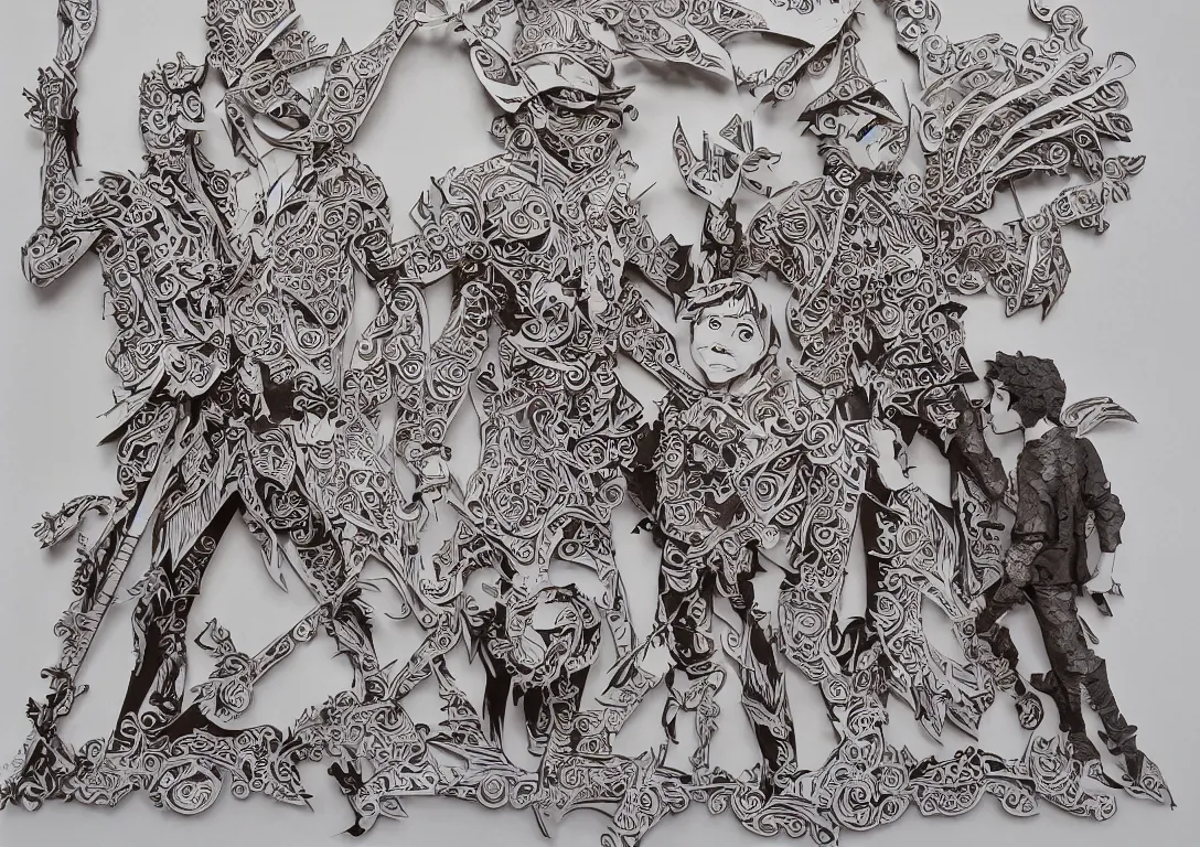 Prompt: an intricate cut paper sculpture of peter pan and captain hook