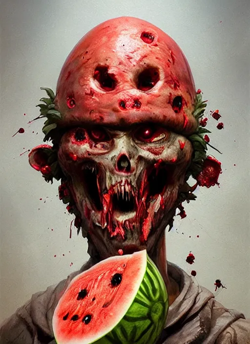 Prompt: hyper realistic photography portrait of smiling zombie with a watermelon helmet cinematic, greg rutkowski, brom, james gurney, mignola, craig mullins, artstation, cgsociety