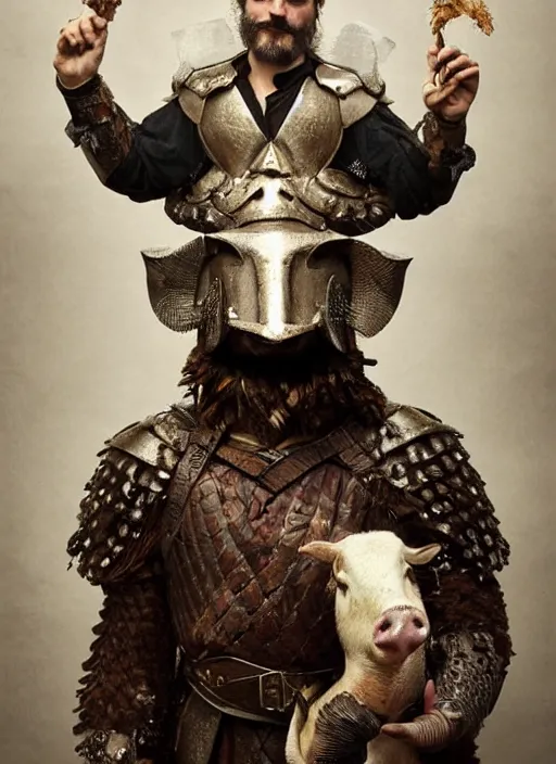 Prompt: joaquin phoenix with a armor made of animals, cow horns, pig nose, sheep wool, chicken feather armor, majestic, fierce, by anna podedworna, by miklos ligeti, by diego maricato, by taran fiddler, by antonino truisi, by chris reddie, by jinsung lim, trending on artstation