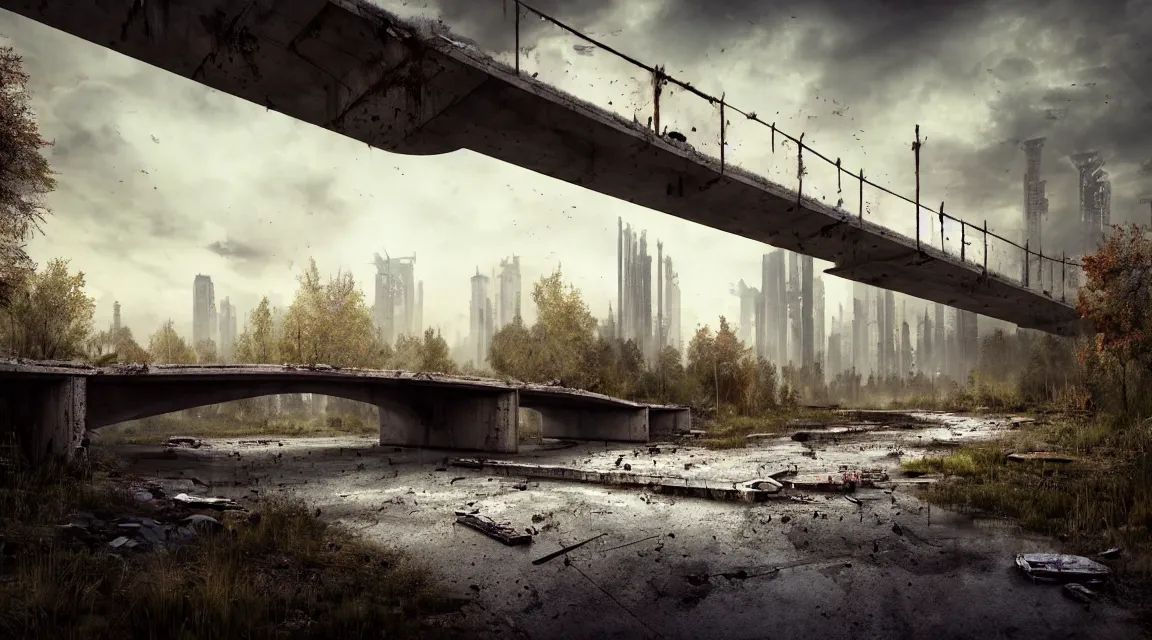 Image similar to post apocalyptic river bridge, morning, building, avenue, modern contemporary urban americana concrete architecture, by pascal blanche, neil blevins, apocalyptic color palette, trending on artstation, photorealistic, wilderness ambiance, ultra detailed, high definition, depth of field, bokeh, rubble, wild vegetation, blood stains, building crumbling