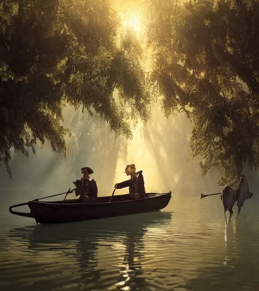 Prompt: three cuervos de pantano in a little boat in a swamp, long legs, volumetric lighting, majestic light, octane render, ethereal glare of the sun, hyperrealistic, epic, masterpiece, by greg rutkowski