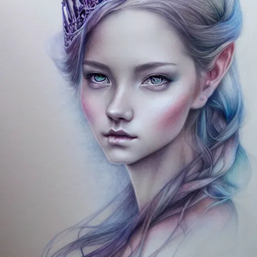 Image similar to hyper realistic pencil drawing of a fantasy princess, muted water color, full portrait, detailed, rim light, diffused, intricate, by anna dittmann