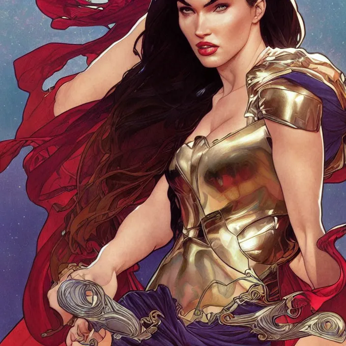 Image similar to megan fox as female superman by artgerm, greg rutkowski, alphonse mucha