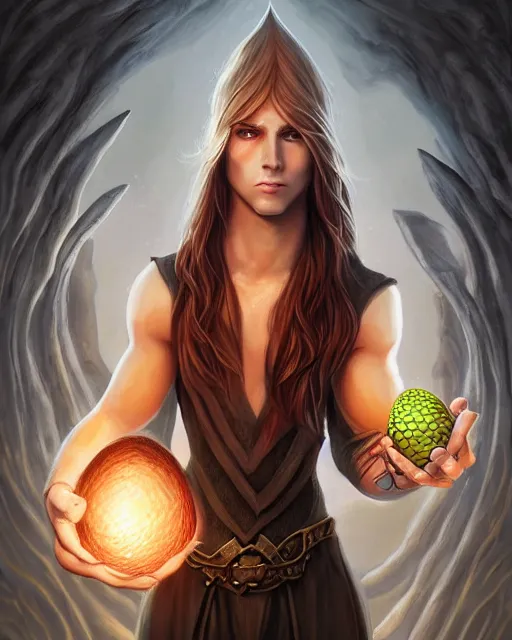 Image similar to portrait of elven boy mage with long black hair holding dragon egg by artgerm modern fantasy 4 k ultra high resolution