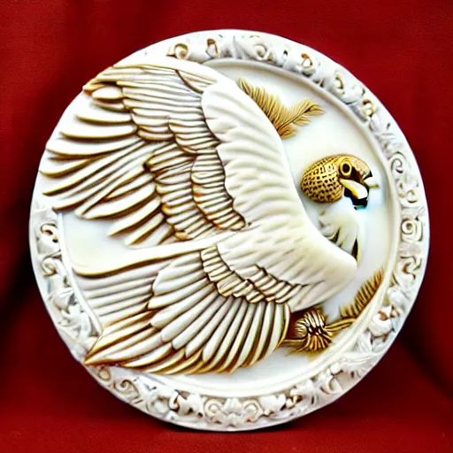 Image similar to gorgeous ornated snow white porcelain realistic detailed sacred falcon wall decoration with golden filigree carved out of ivory