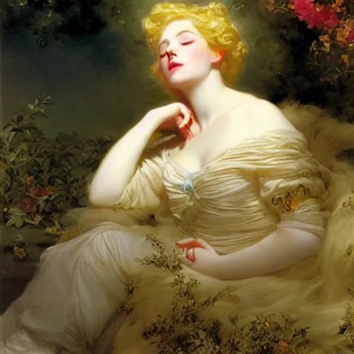 Image similar to blonde beautiful sleeping princess by Franz Xaver Winterhalter and Delphin Enjolras and Rebecca Guay