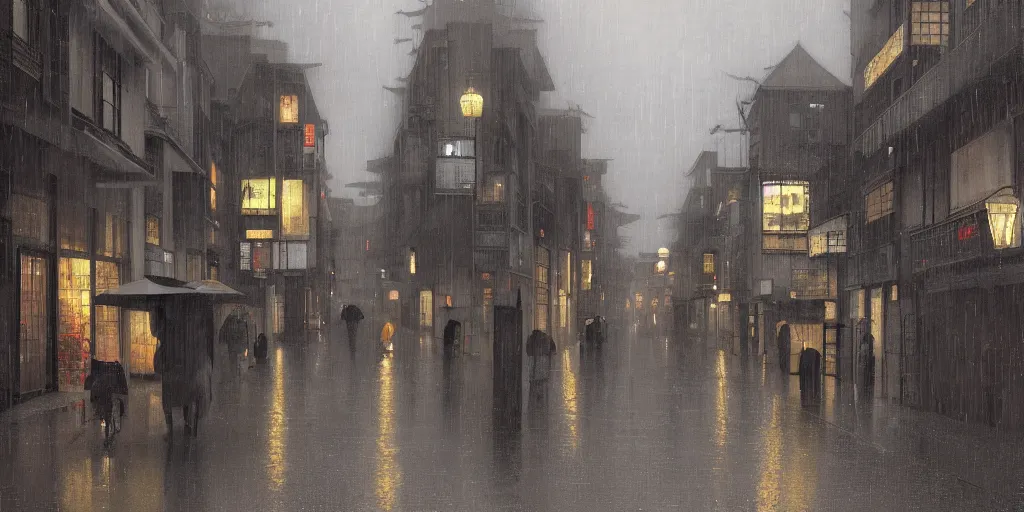 Image similar to a typical japanese city street in the rain, vermeer painting, dark academia aesthetic, matte painting, photorealistic, grey overcast day, by gerard brom