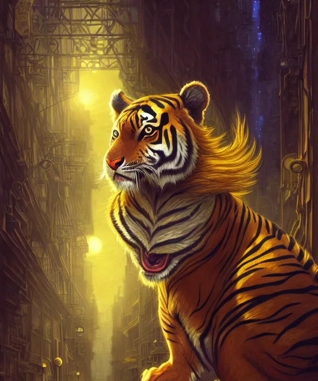 Image similar to anthropomorphic Tiger female, indian origin, fantasy, bright blue eyes, face, black and yellow hair, fantasy, LSD Dream Emulator, intricate, elegant, new york alleyway, moonlit, highly detailed, digital painting, artstation, concept art, smooth, sharp focus, illustration, art by artgerm and greg rutkowski and alphonse mucha