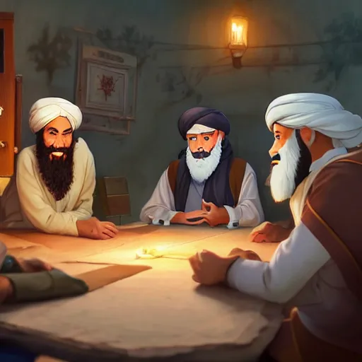 Image similar to a wholesome animation key shot of osama bin laden sitting with taliban elders, medium shot, waist up, studio ghibli, pixar and disney animation, sharp, rendered in unreal engine 5, anime key art by greg rutkowski, bloom, dramatic lighting