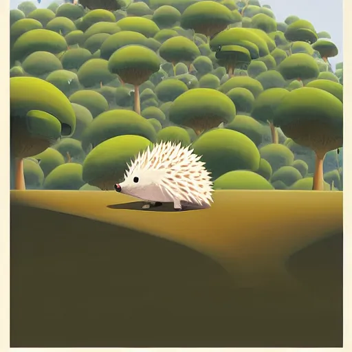 Image similar to A hedgehog on top of a mountain about to jump down the slope, from above you can see the entire forest full of trees and life, ilustration art by Goro Fujita